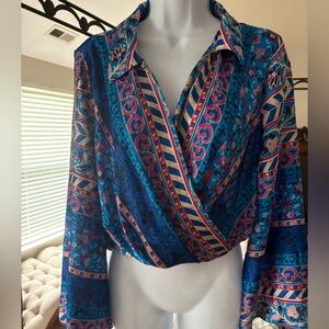 Zara Blue Multi-Print Surplice Blouse